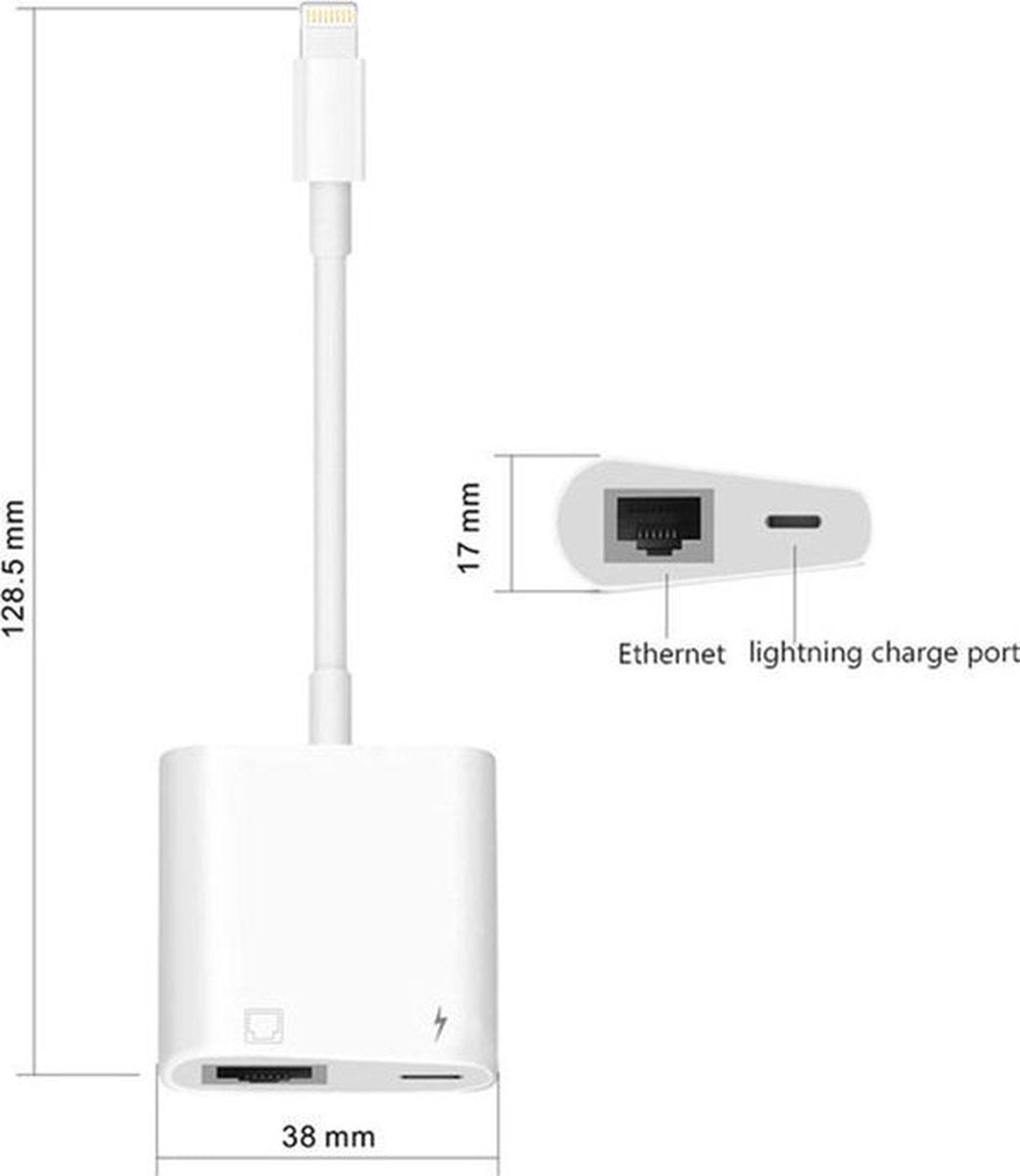 Lightning naar Ethernet adapter - RJ45 Gigabit - 8-pins PD - Wit | TOJ