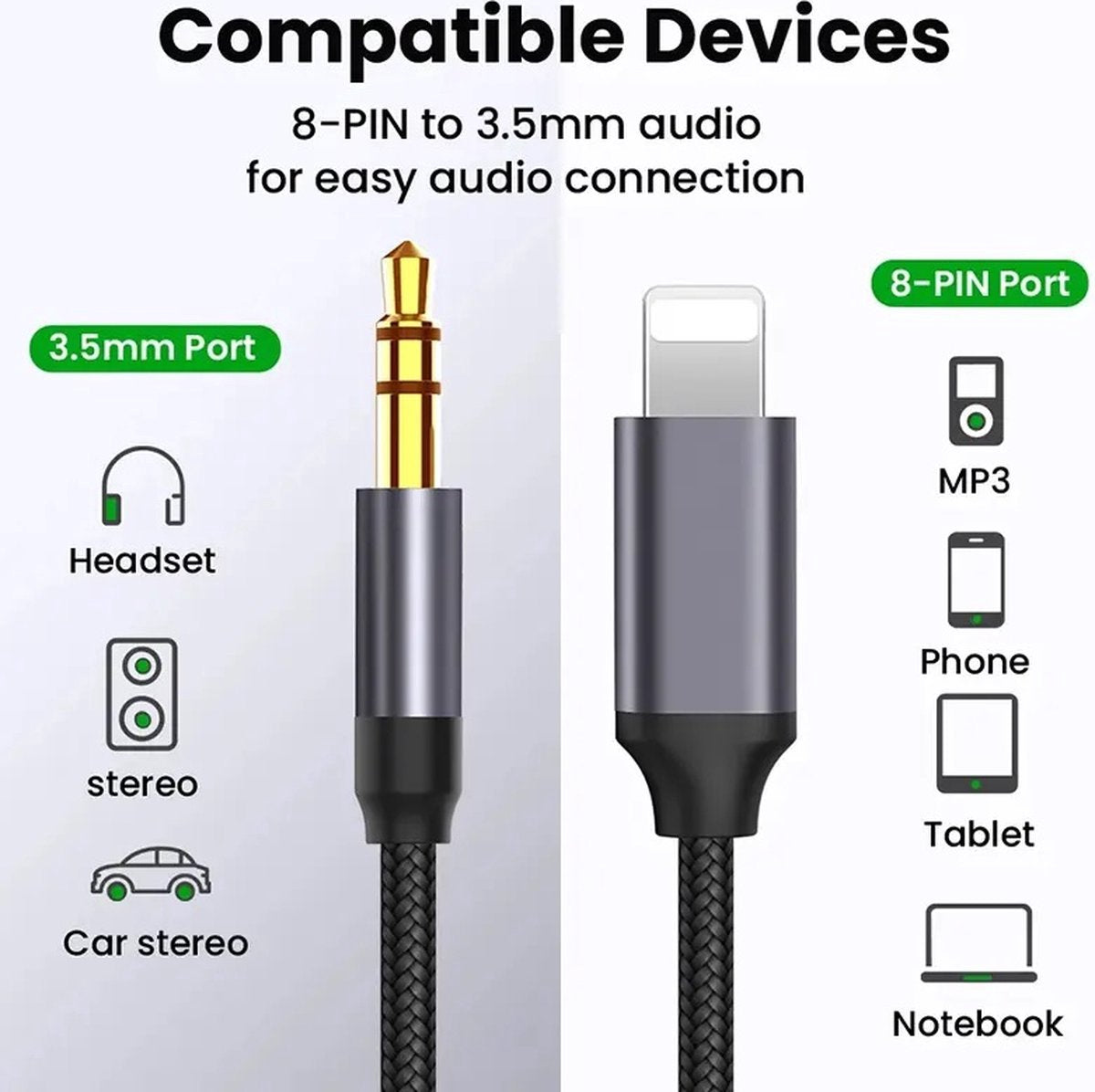Lightning naar jack kabel - 1 meter - audiokabel - Zwart | TOJ