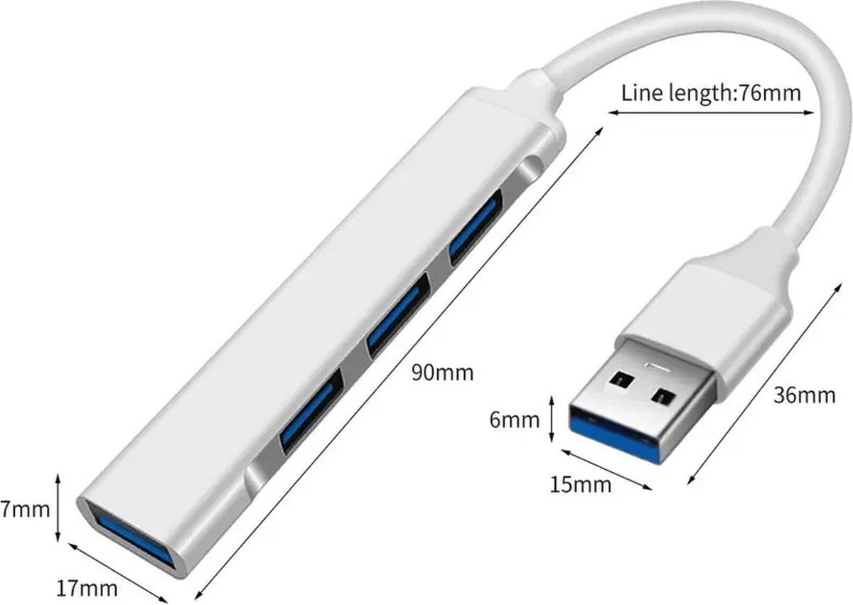 USB hub 4-poorts - USB 3.0 - Poorten verdeler - Zilver | TOJ