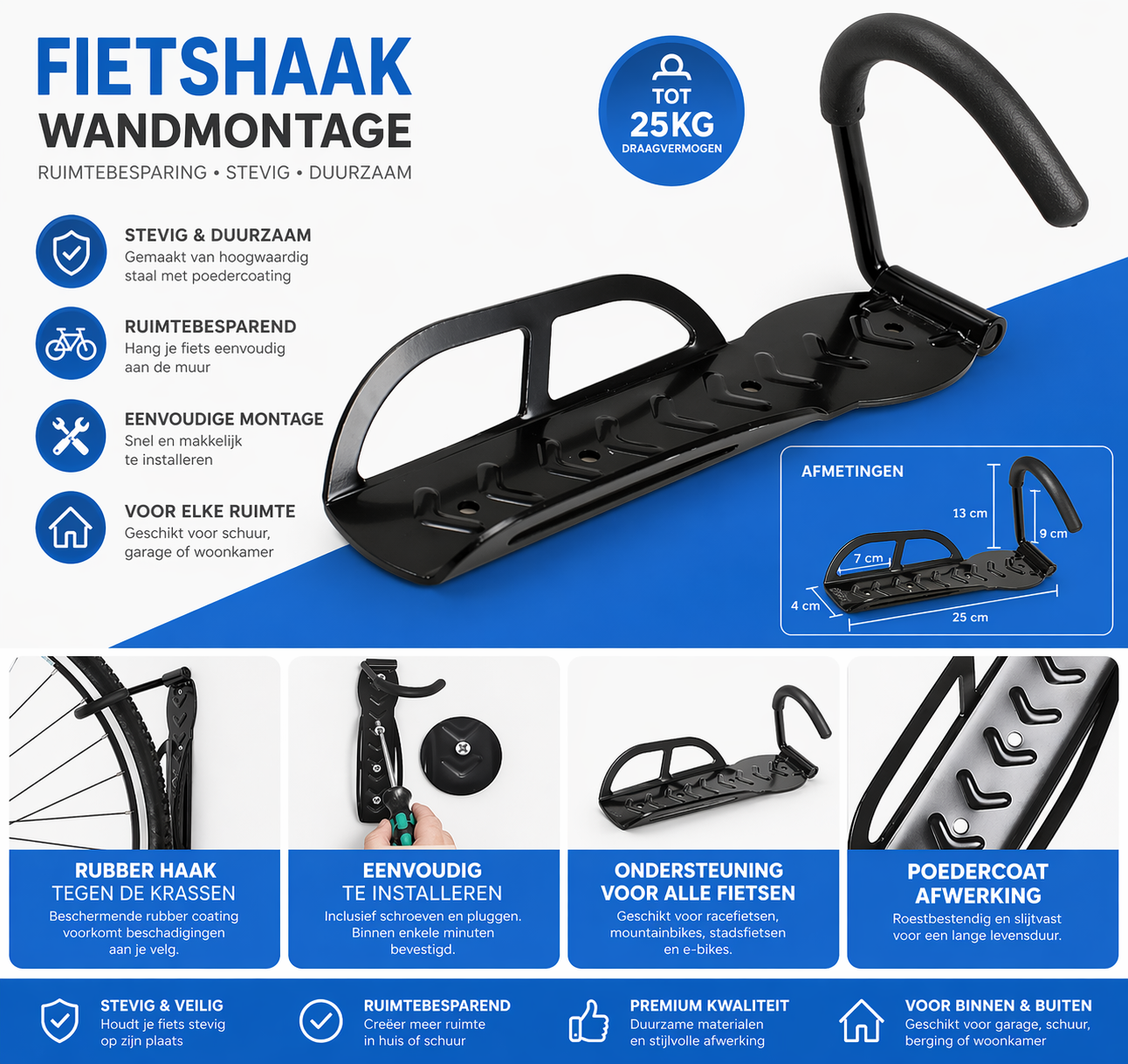 Fiets muurbeugel set 2 stuks - Fietshaak tot 30 kg - Banden tot 60 mm | TJ Essentials