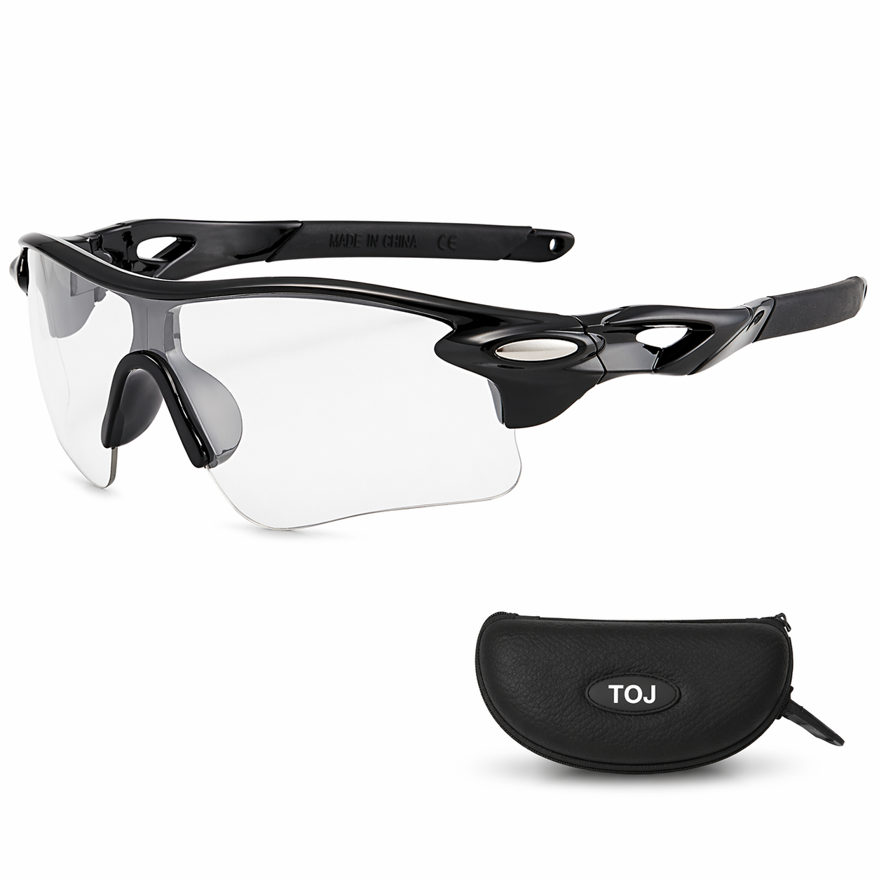Fahrradbrille mit Etui, klare Scheibe - schwarz