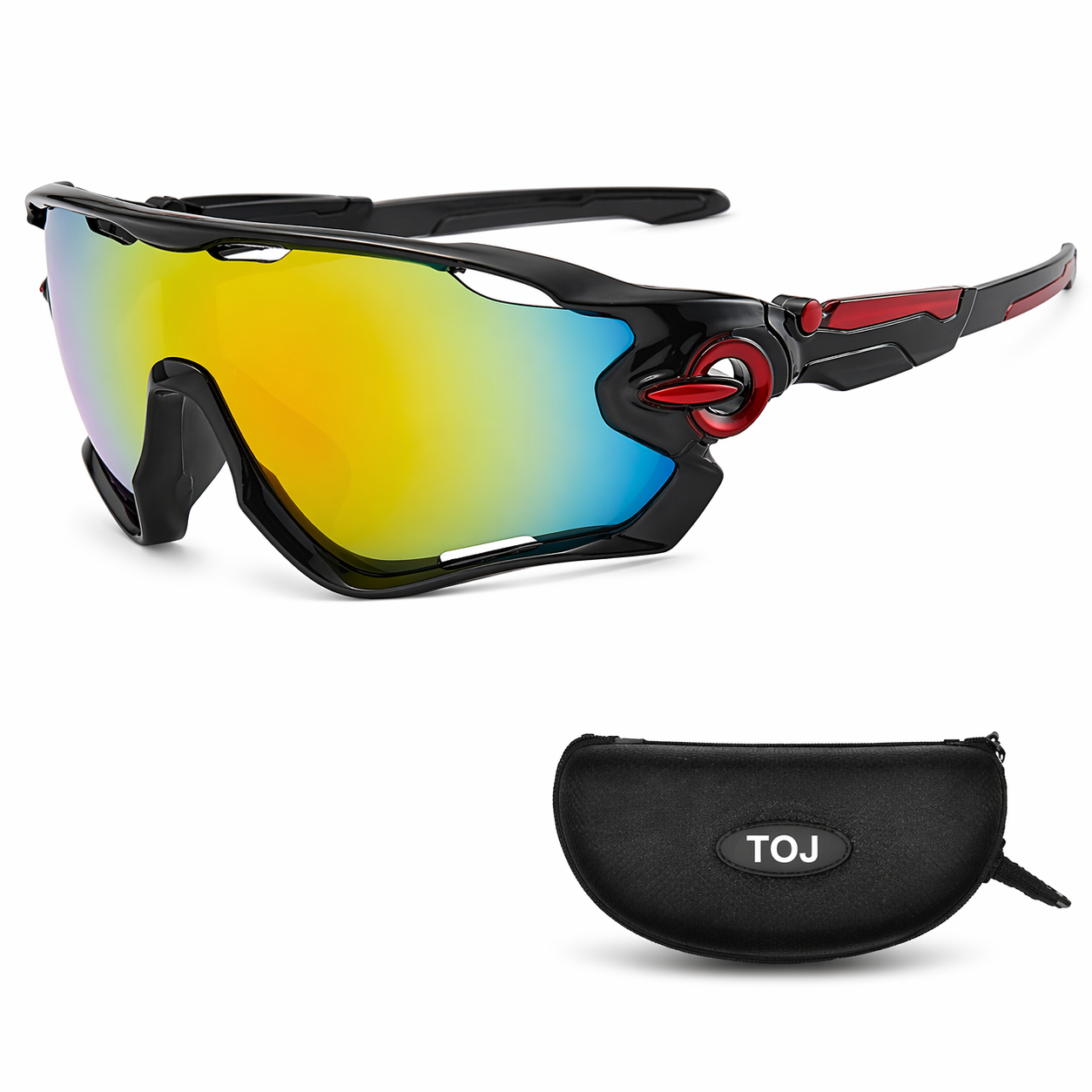 Fahrradbrille mit Etui, verspiegelte Gläser – Schwarz/Rot