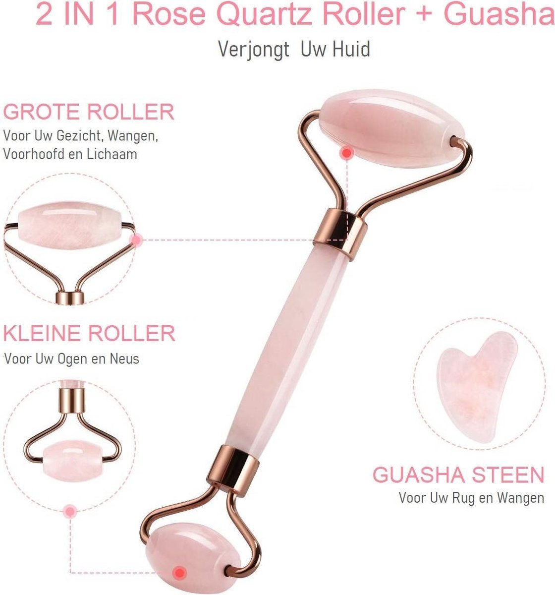Rose Quartz Jade Roller & Guasha set - Rozenkwarts - Gezichtsroller | Falkann