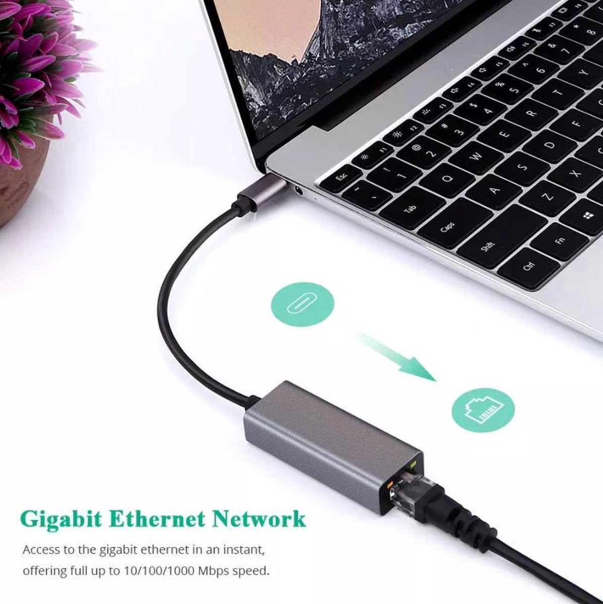 USB-C naar Ethernet adapter - RJ45 - Gigabit 1000 Mbps - Spacegrey | TOJ