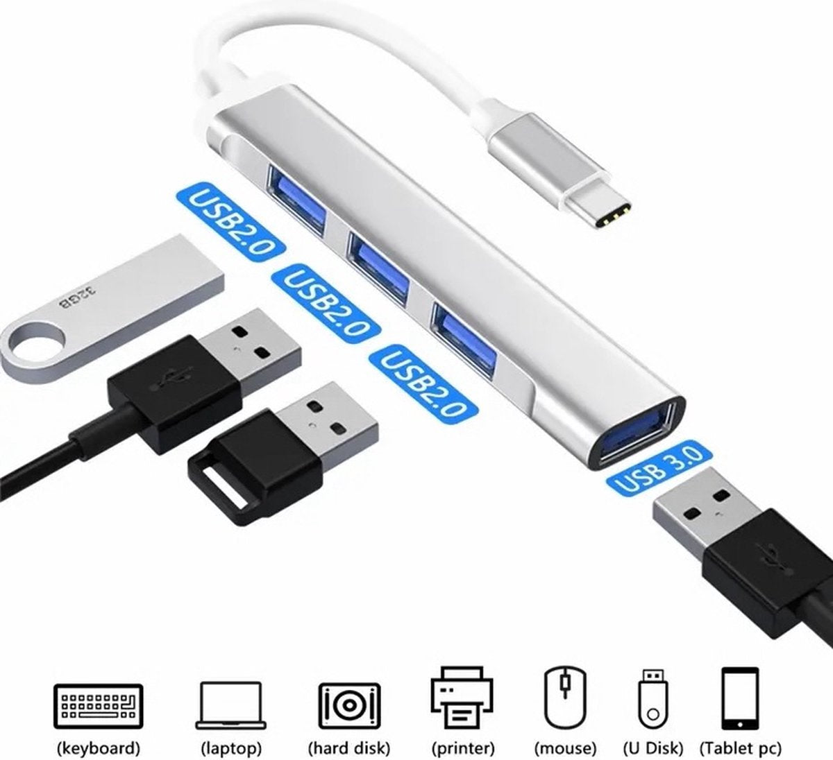 USB-C hub 4-poorts - USB 3.0 - Poorten verdeler - Zilver | TOJ