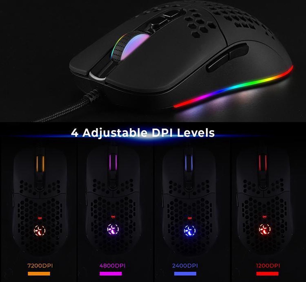 RGB gaming muis - 7200 DPI - 7 knoppen - USB-A - 1,8 meter kabel | TOJ