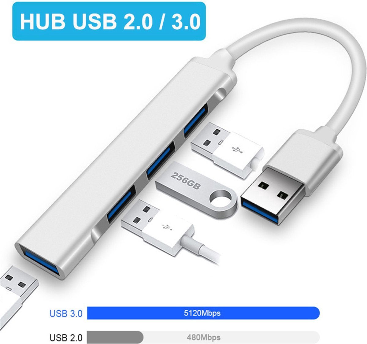 USB hub 4-poorts - USB 3.0 - Poorten verdeler - Zilver | TOJ