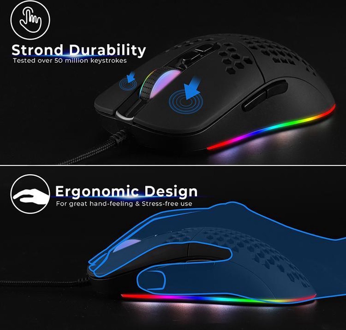 RGB gaming muis - 7200 DPI - 7 knoppen - USB-A - 1,8 meter kabel | TOJ