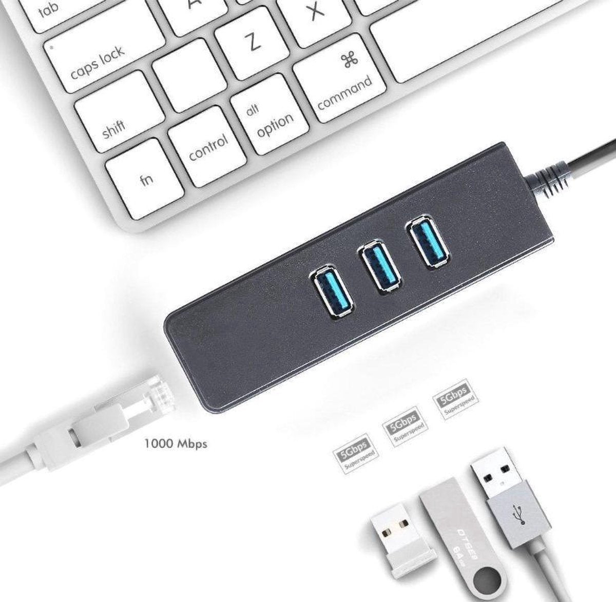 USB-C naar Ethernet adapter - RJ45 Gigabit - 3x USB 3.0 poorten | TOJ