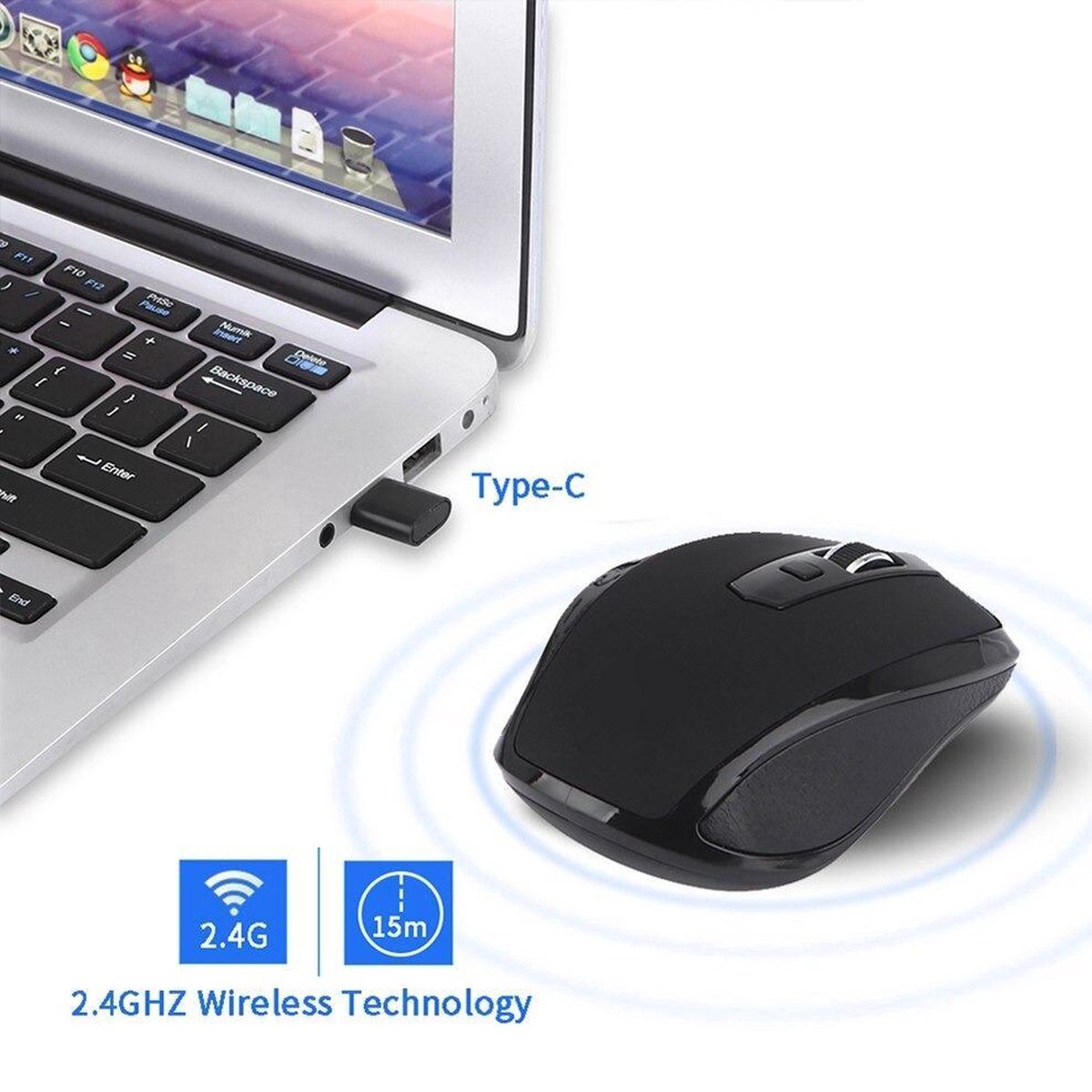 Draadloze muis USB-C - Ergonomisch - Plug & Play - Zwart | TOJ