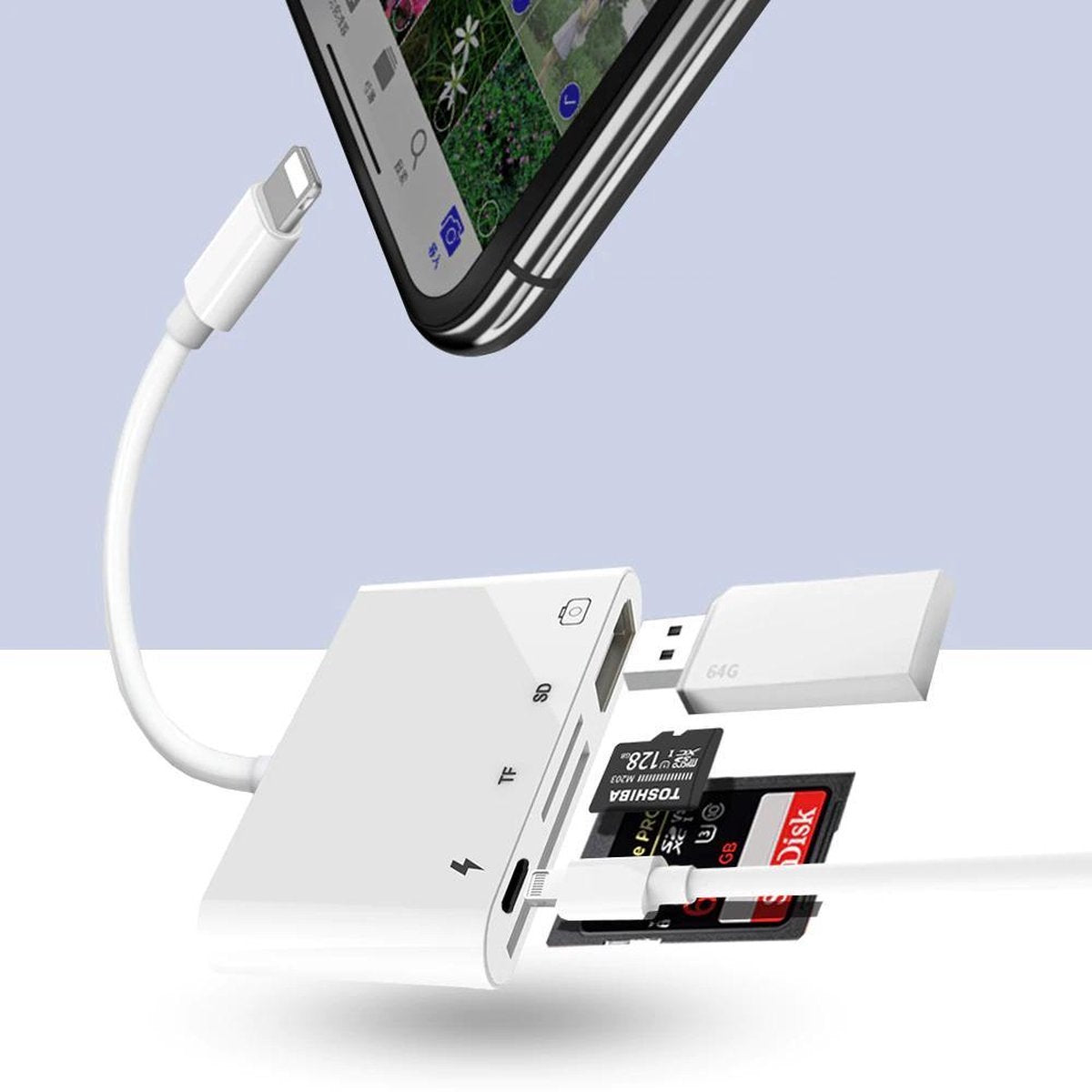 Lightning hub 4-in-1 - USB 3.0 + SD/Micro SD kaartlezer + PD - Wit | TOJ