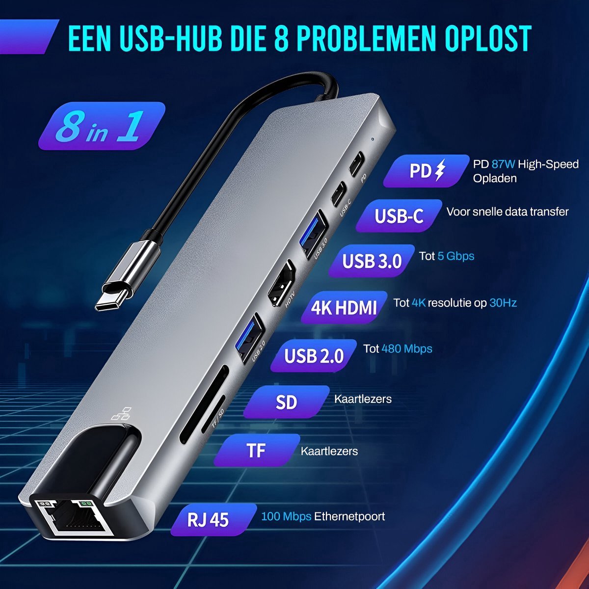 USB-C hub 8-in-1 - HDMI 4K + Ethernet + SD/Micro SD + PD | TOJ