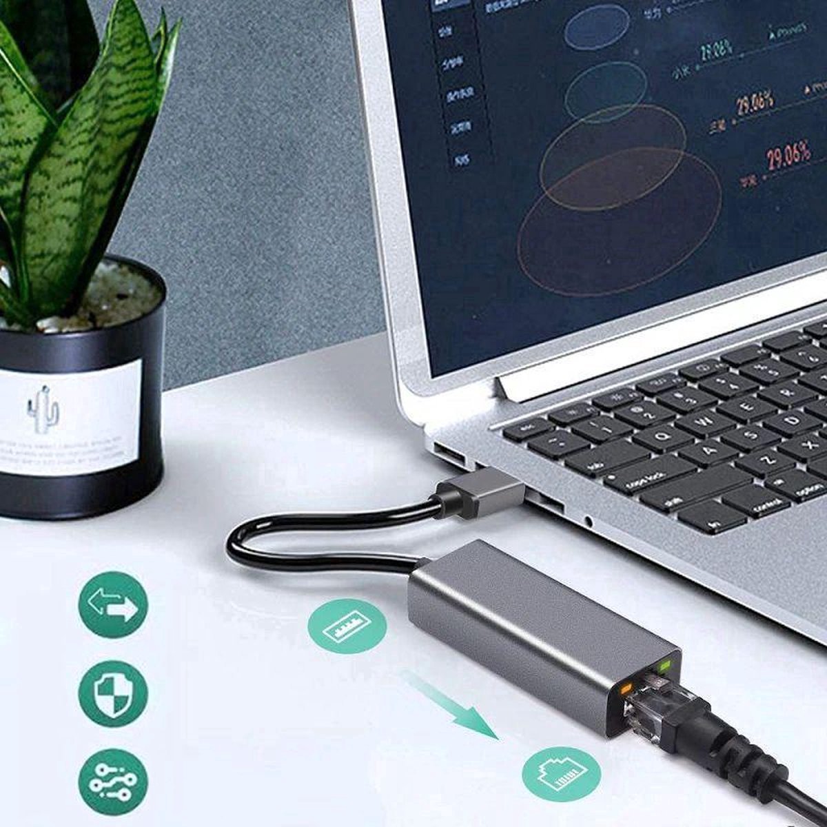 USB 3.0 naar Ethernet adapter - RJ45 - Gigabit 1000 Mbps - Spacegrey | TOJ