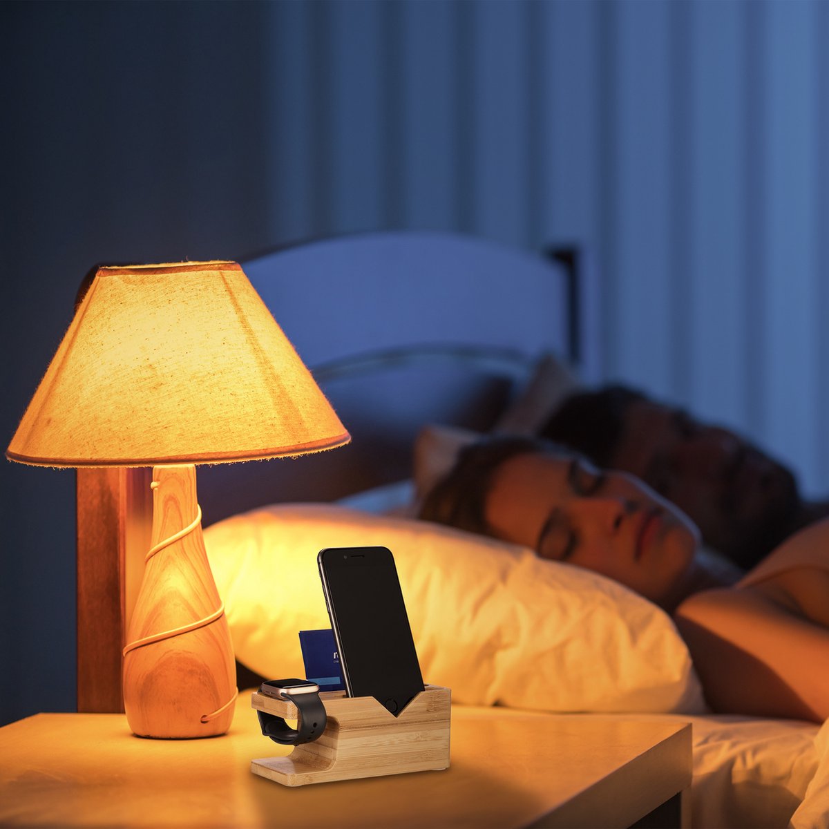 Bamboe docking station 2-in-1 - Telefoonhouder en watch houder - Houtkleur | TJ Essentials