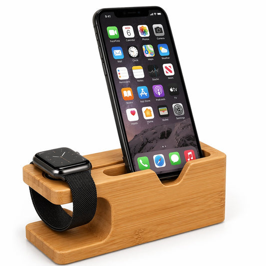 Bamboe docking station 2-in-1 - Telefoonhouder en watch houder - Houtkleur | TJ Essentials