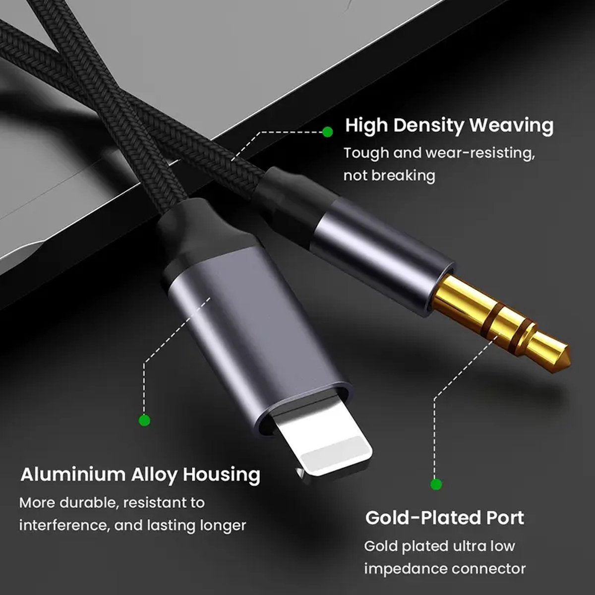 Lightning naar jack kabel - 1 meter - audiokabel - Zwart | TOJ