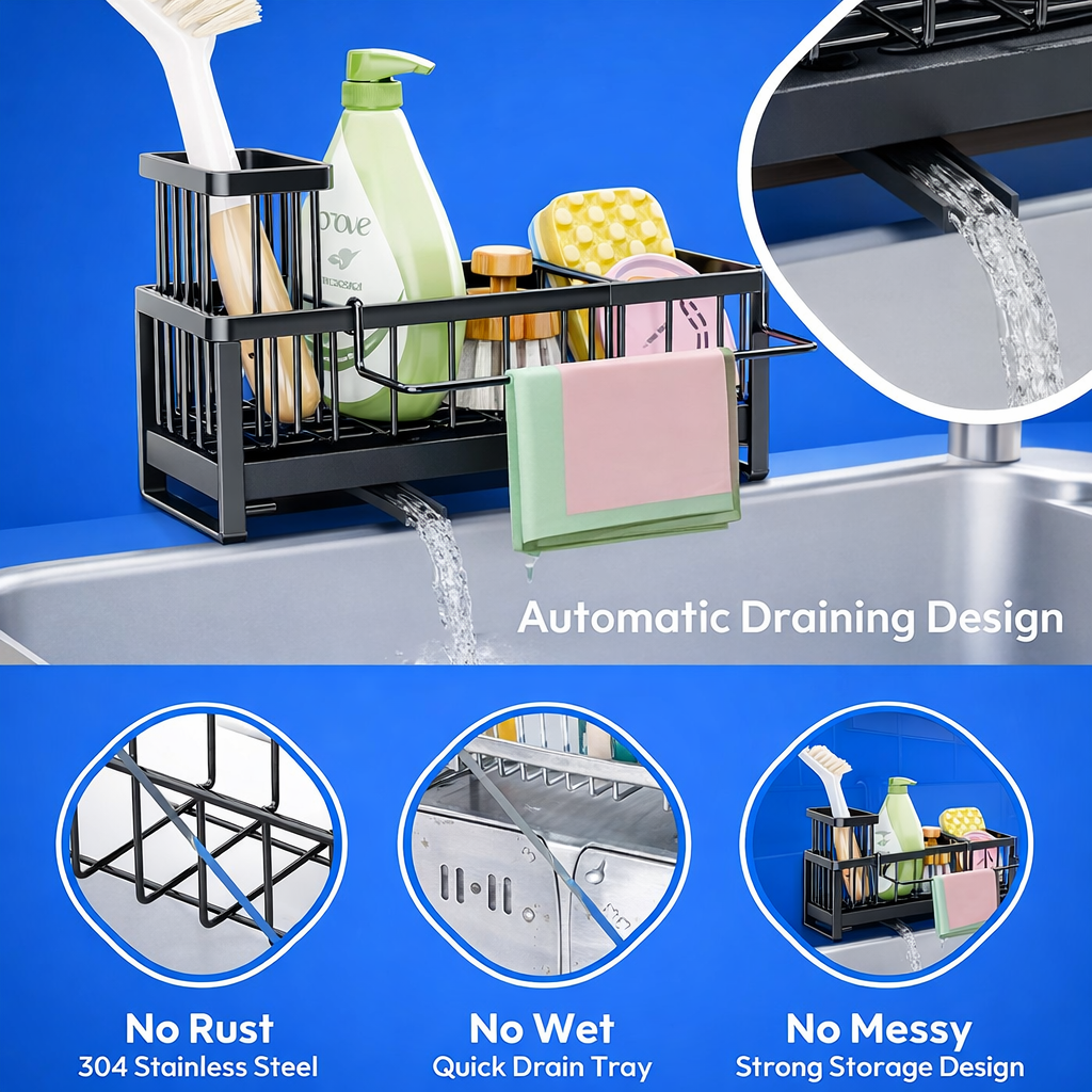 Gootsteen organizer - Vaatdoekhouder - Sponshouder - Zwart | TJ Essentials