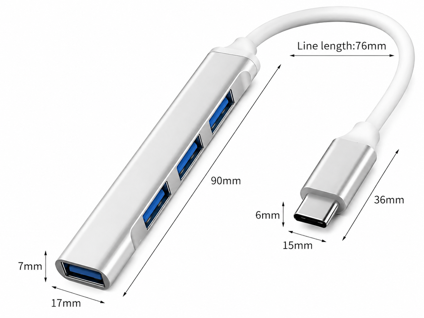 USB-C hub 4-poorts - USB 3.0 - Poorten verdeler - Zilver | TOJ