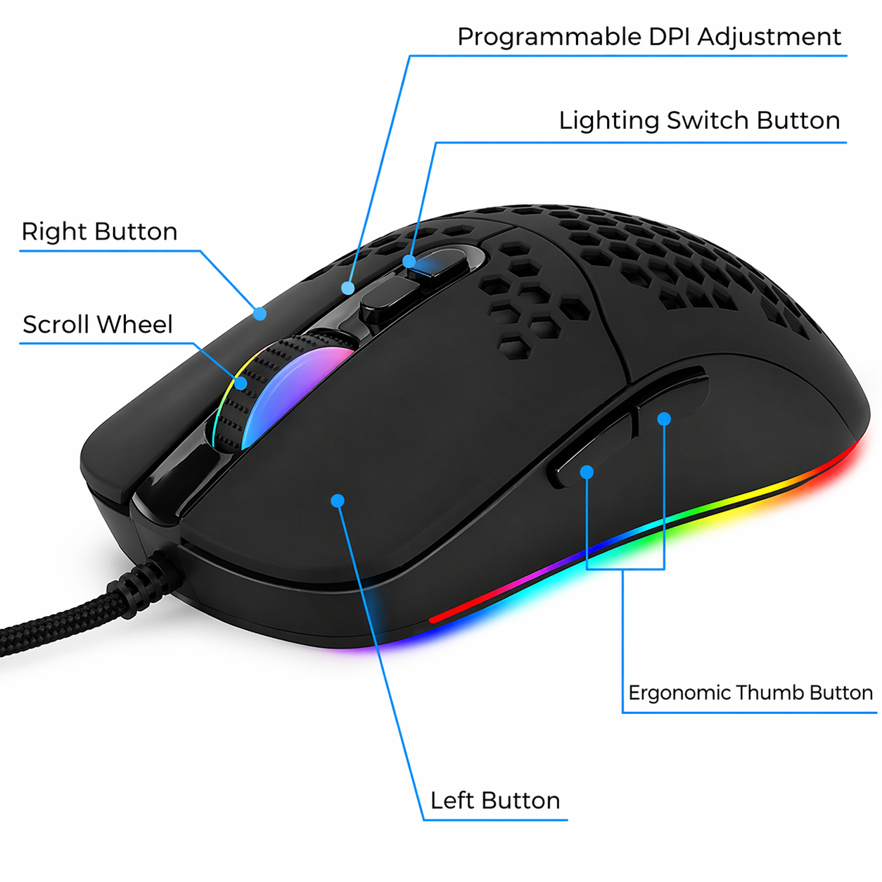 RGB gaming muis - 7200 DPI - 7 knoppen - USB-A - 1,8 meter kabel | TOJ