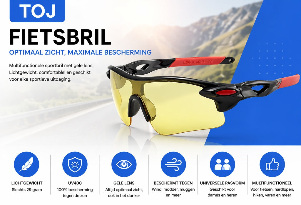 Fietsbril met hoes - Sportbril/Nachtbril - UV400 - Gele lens - Zwart/Rood | TOJ