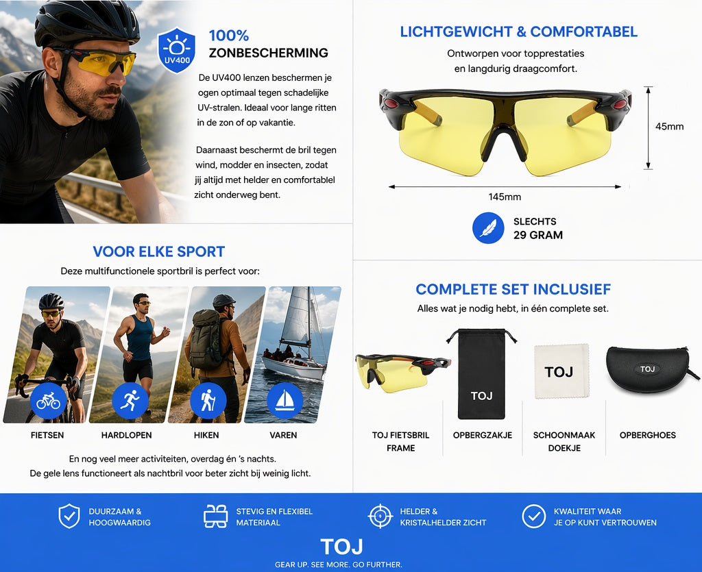 Fietsbril met hoes - Sportbril/Nachtbril - UV400 - Gele lens - Zwart/Rood | TOJ