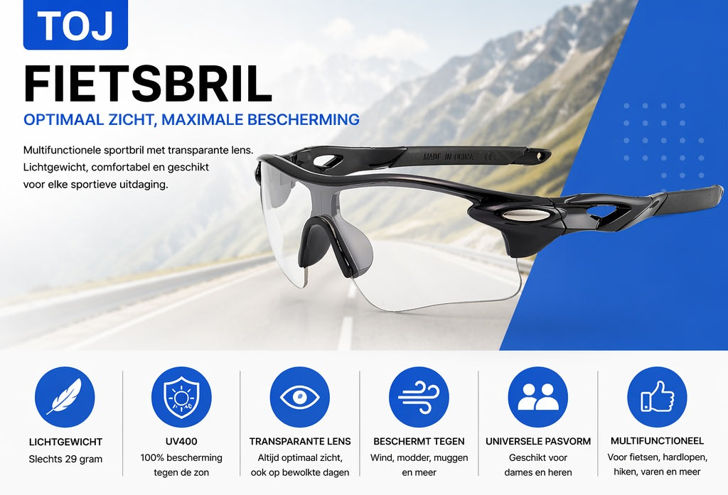Fietsbril met hoes - Sportbril - UV400 - Transparante lens - Zwart | TOJ