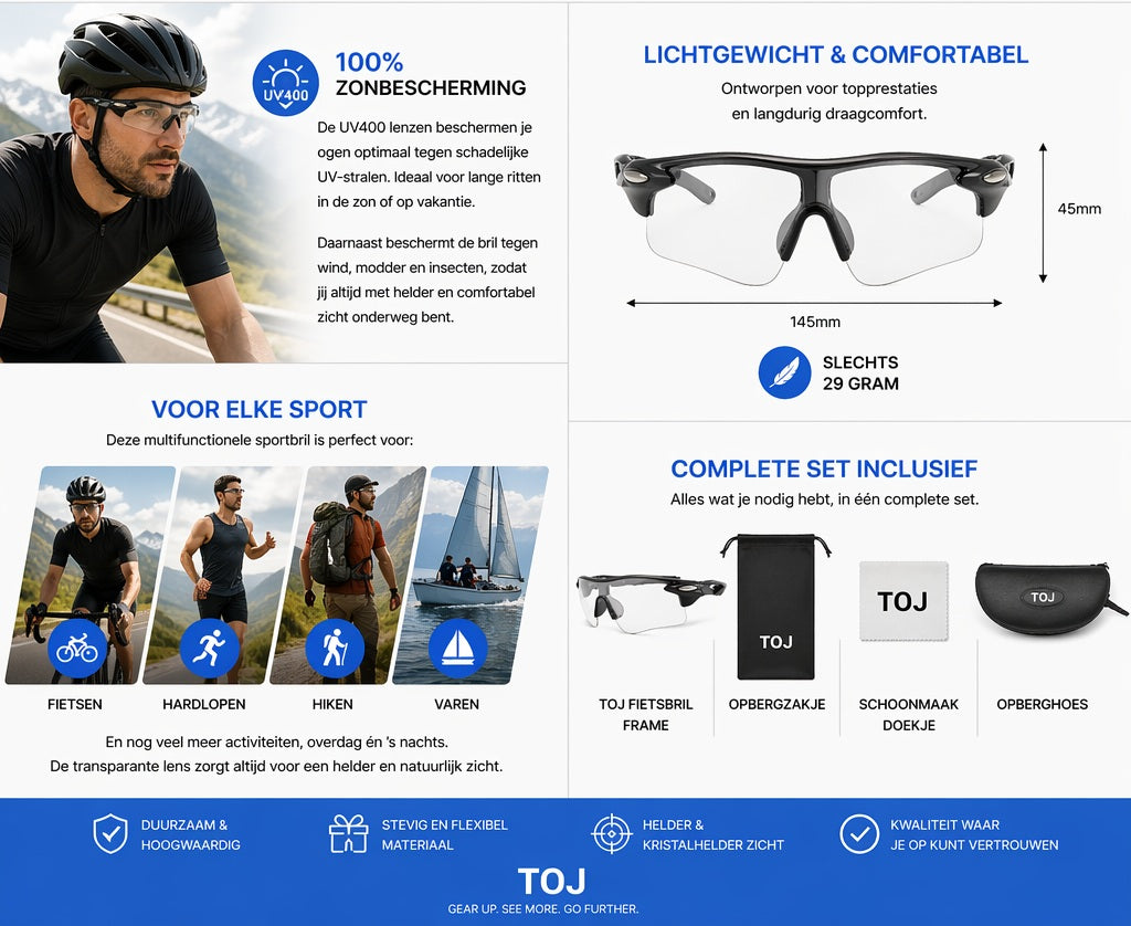 Fietsbril met hoes - Sportbril - UV400 - Transparante lens - Zwart | TOJ