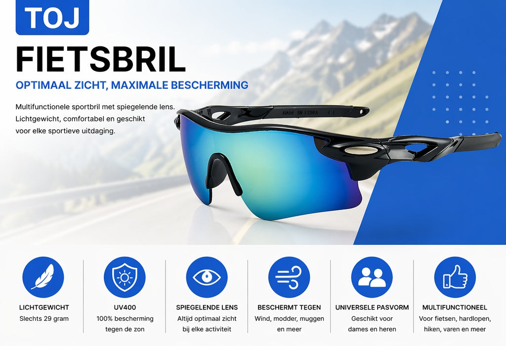 Fietsbril met hoes - Sportbril - UV400 - Spiegelende lens - Zwart | TOJ