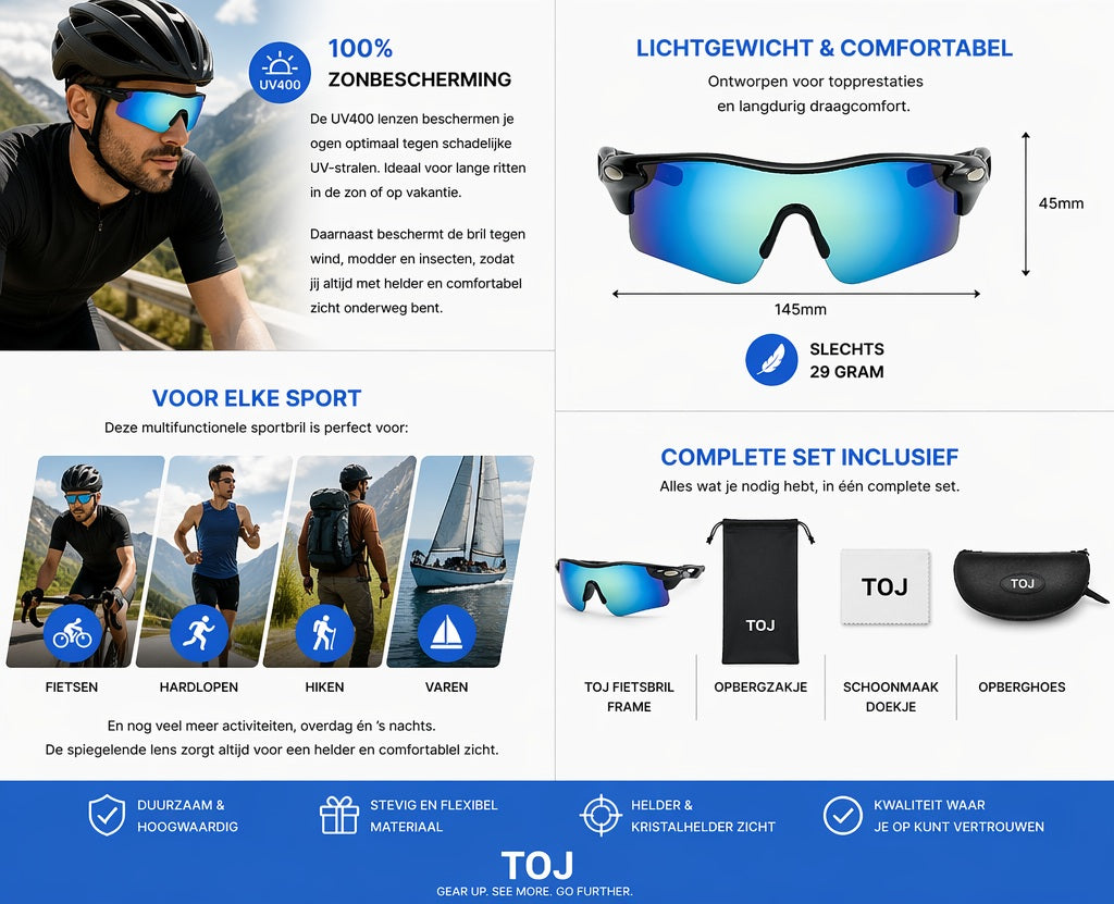 Fietsbril met hoes - Sportbril - UV400 - Spiegelende lens - Zwart | TOJ