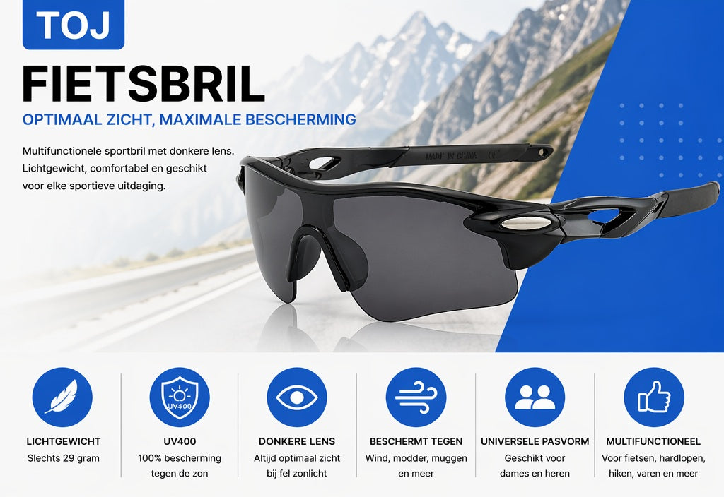 Fietsbril met hoes - Sportbril - UV400 - Donkere lens - Zwart | TOJ