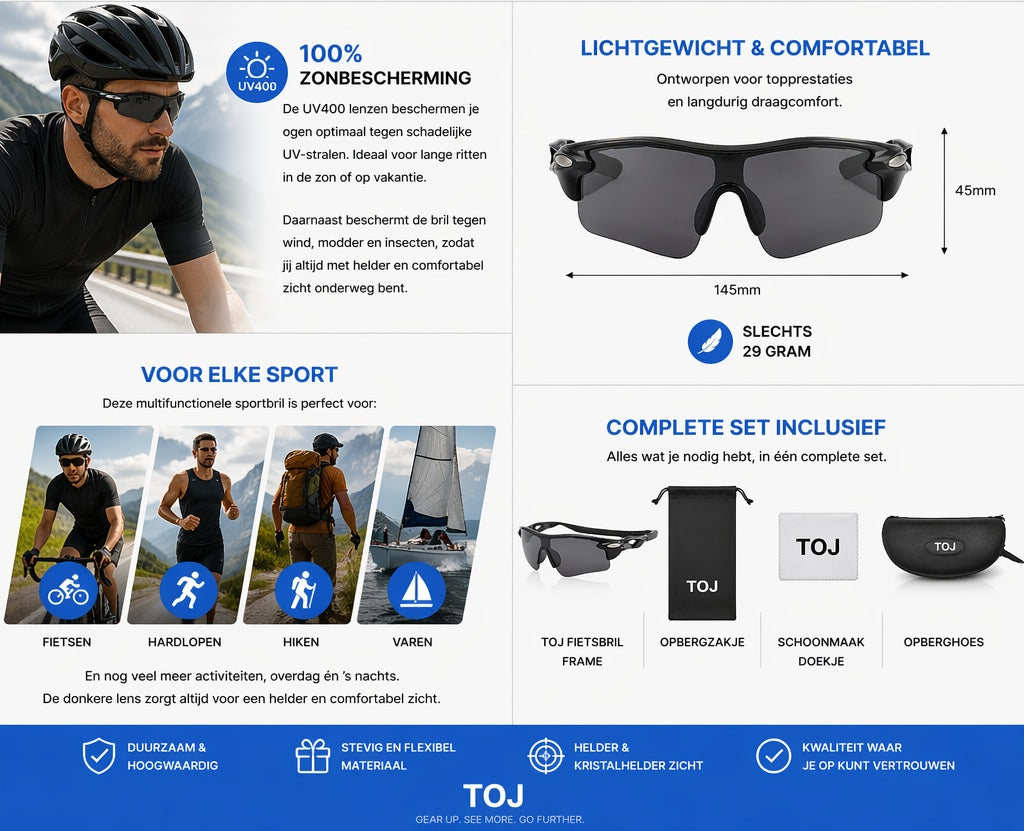 Fietsbril met hoes - Sportbril - UV400 - Donkere lens - Zwart | TOJ