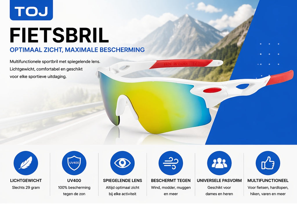 Fietsbril met hoes - Sportbril - UV400 - Spiegelende lens - Wit/Rood | TOJ