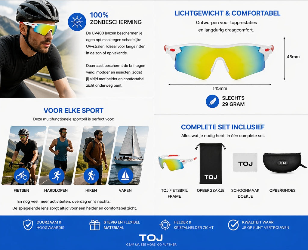 Fietsbril met hoes - Sportbril - UV400 - Spiegelende lens - Wit/Rood | TOJ