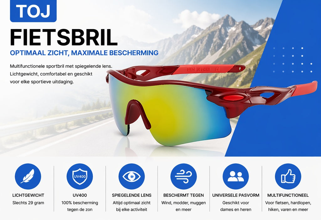 Fietsbril met hoes - Sportbril - UV400 - Spiegelende lens - Rood | TOJ