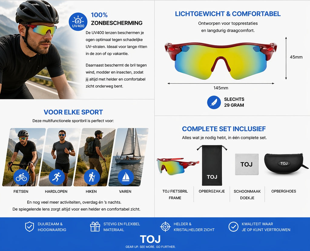 Fietsbril met hoes - Sportbril - UV400 - Spiegelende lens - Rood | TOJ