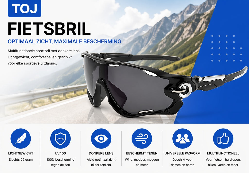 Fietsbril met hoes - Sportbril - UV400 - Donkere lens - Zwart | TOJ