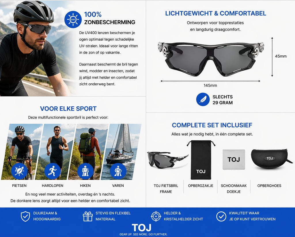 Fietsbril met hoes - Sportbril - UV400 - Donkere lens - Zwart | TOJ