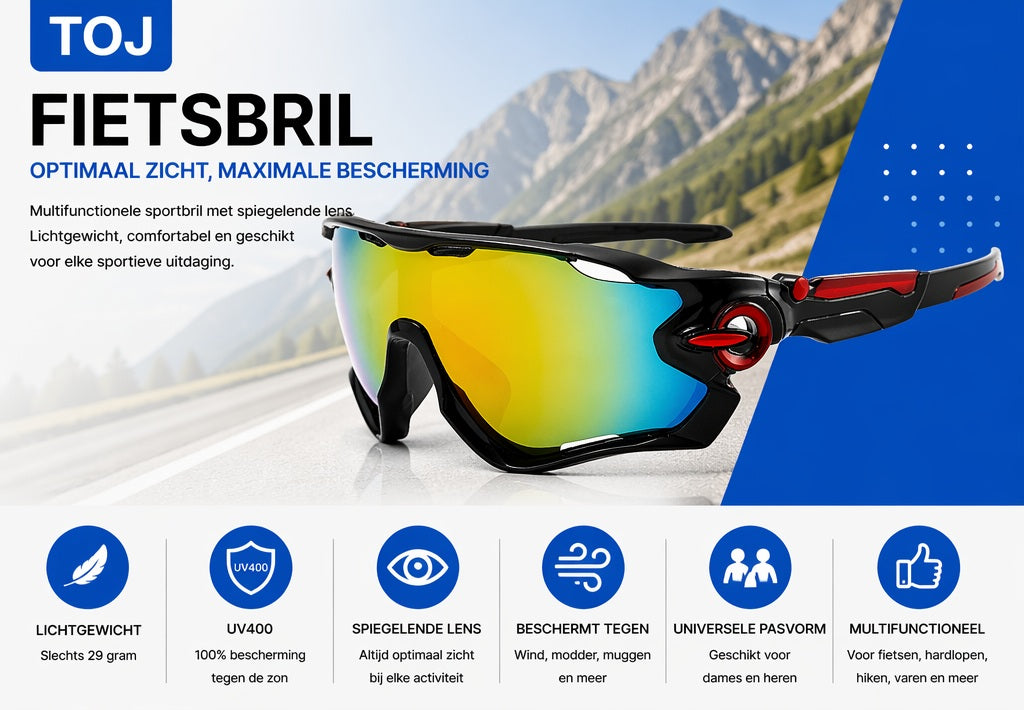Fietsbril met hoes - Sportbril - UV400 - Spiegelende lens - Zwart/Rood | TOJ