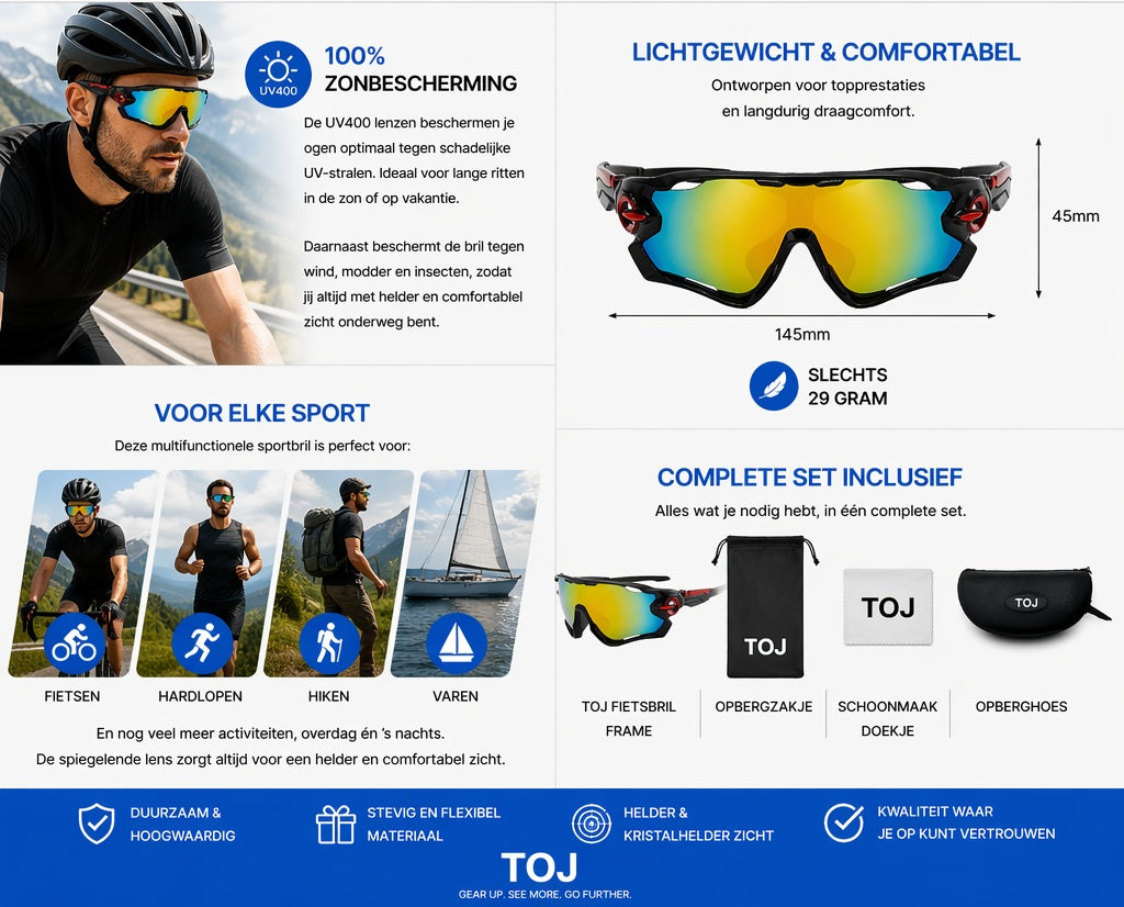 Fietsbril met hoes - Sportbril - UV400 - Spiegelende lens - Zwart/Rood | TOJ