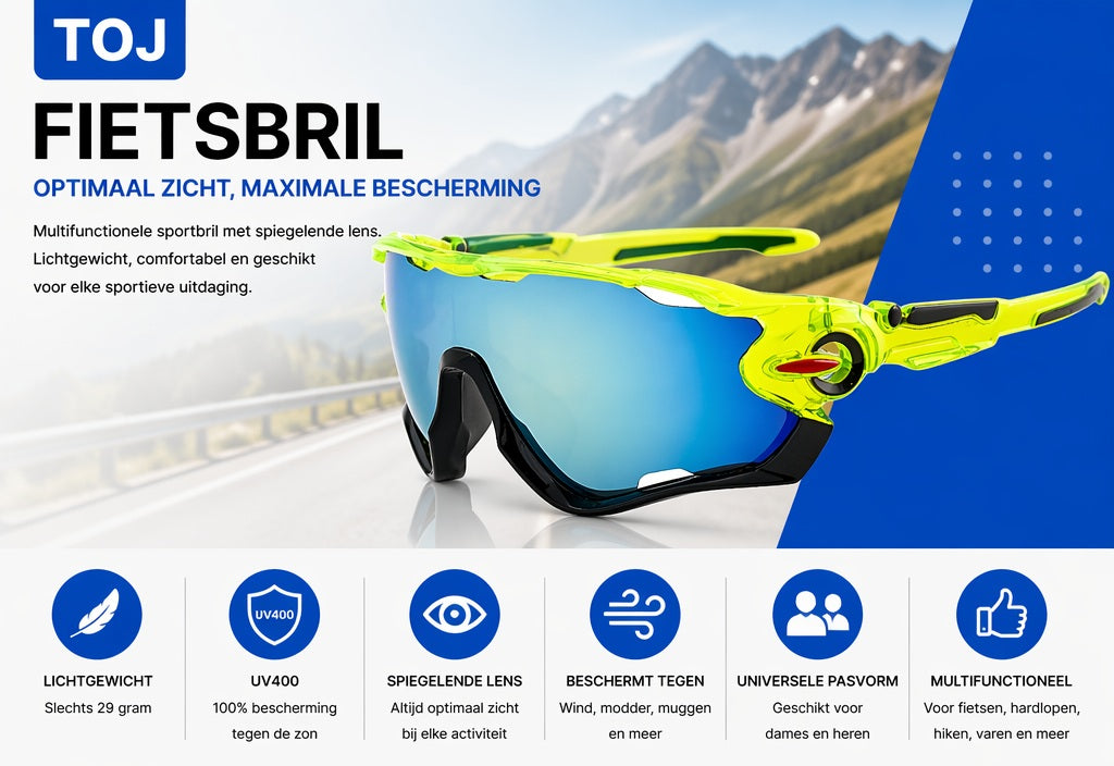 Fietsbril met hoes - Sportbril - UV400 - Spiegelende lens - Lime | TOJ