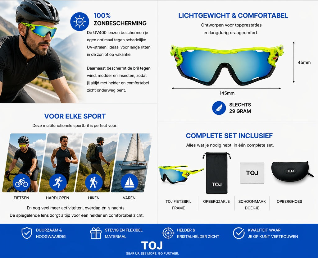 Fietsbril met hoes - Sportbril - UV400 - Spiegelende lens - Lime | TOJ