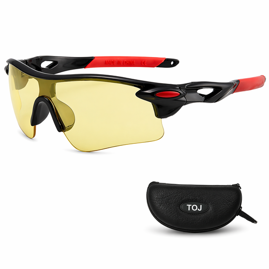 Fietsbril met hoes - Sportbril/Nachtbril - UV400 - Gele lens - Zwart/Rood | TOJ