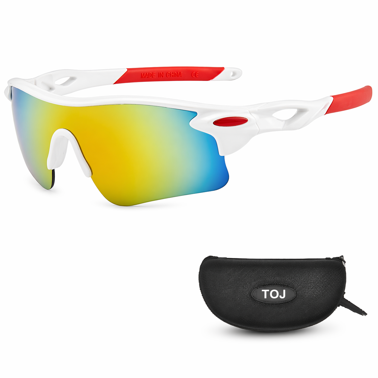 Fietsbril met hoes - Sportbril - UV400 - Spiegelende lens - Wit/Rood | TOJ