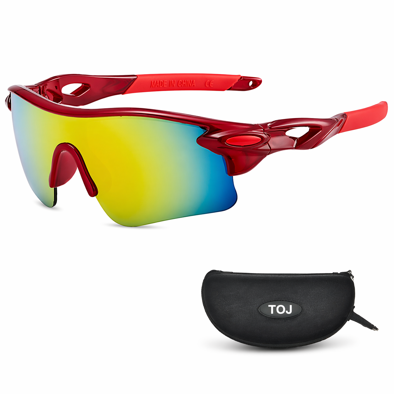 Fietsbril met hoes - Sportbril - UV400 - Spiegelende lens - Rood | TOJ