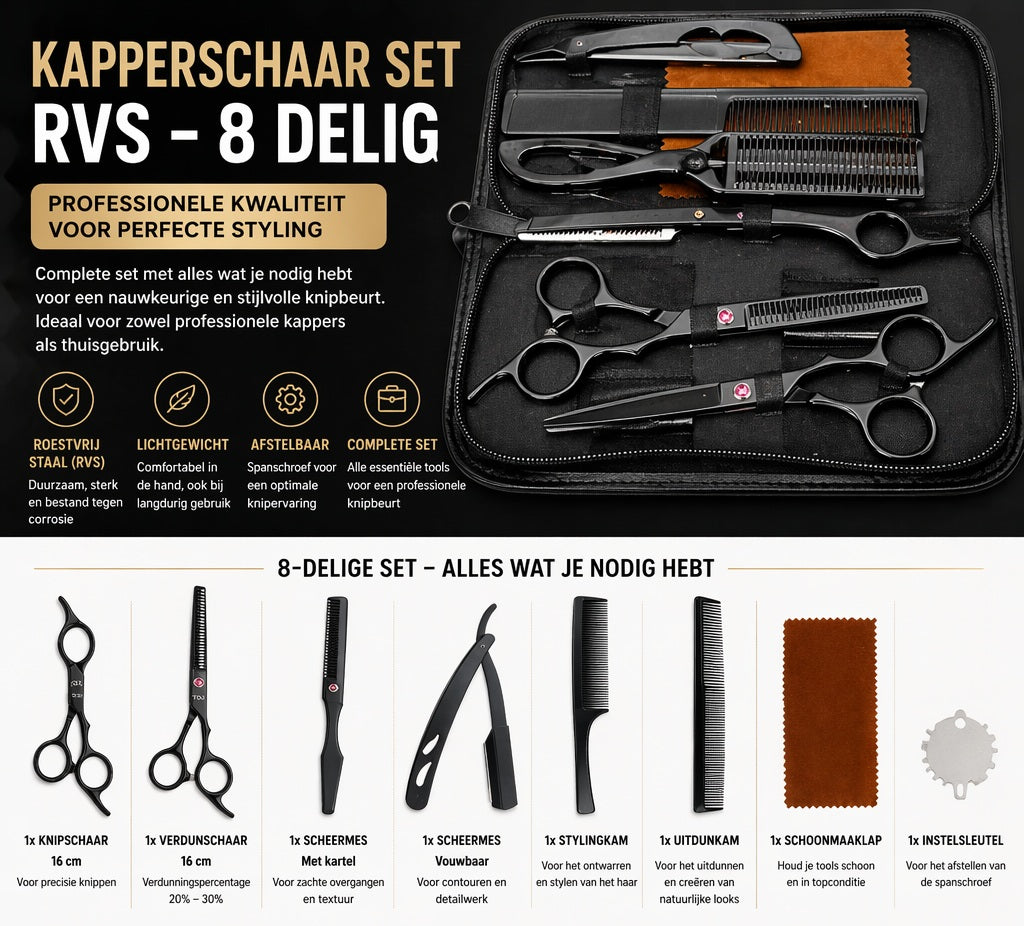 Kappersschaar set 8-delig - RVS - 16 cm - Rechtshandig - Zwart | TOJ