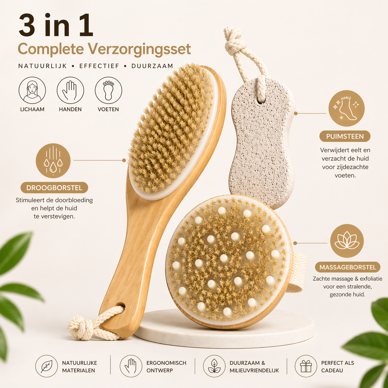 Bamboe doucheborstel set 3-in-1 - Nat & droog gebruik - Met voetvijl | Falkann