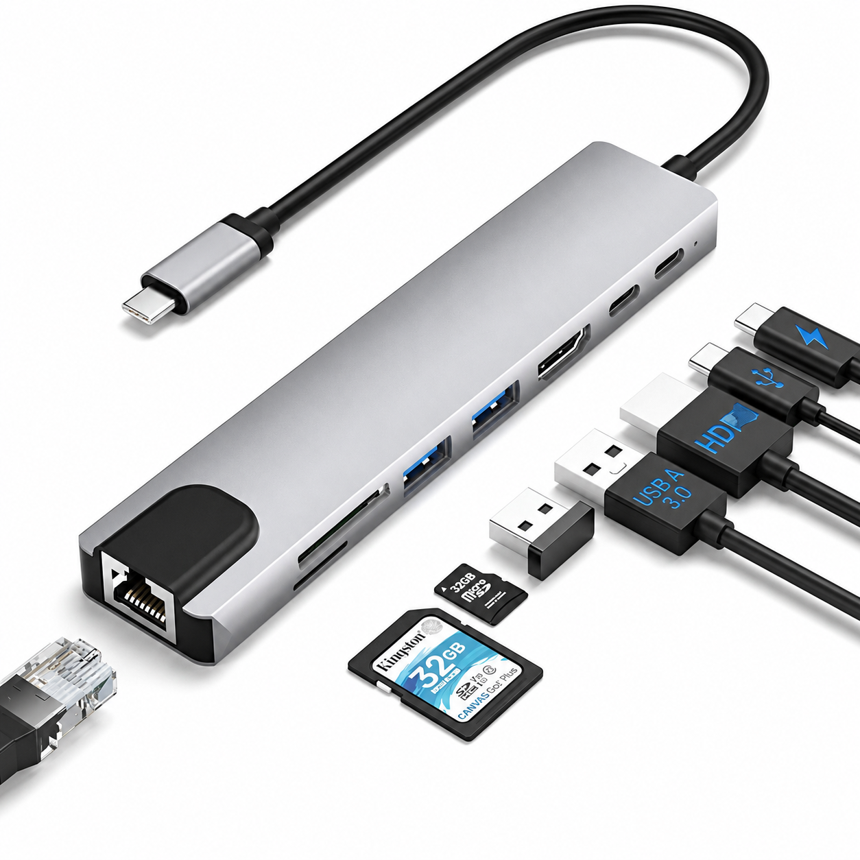 USB-C hub 8-in-1 - HDMI 4K + Ethernet + SD/Micro SD + PD | TOJ