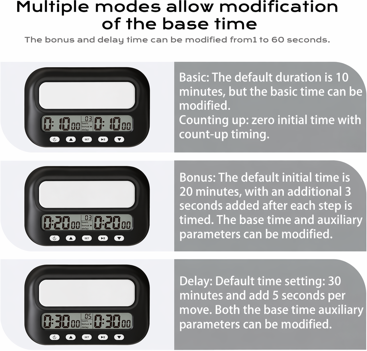 Digitale schaakklok - Normale timer, bonus timer en delay timer - Zwart | TOJ